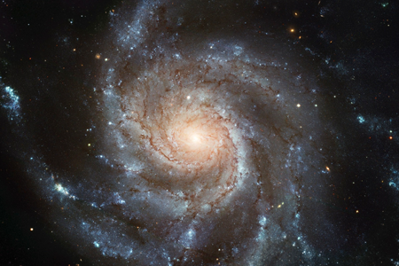 Galáxia em espiral flutua no espaço estrelado.