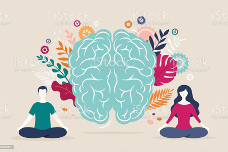 Ilustração de cérebro com folhas ao redor. Um homem à esquerda e uma mulher à direita meditam.